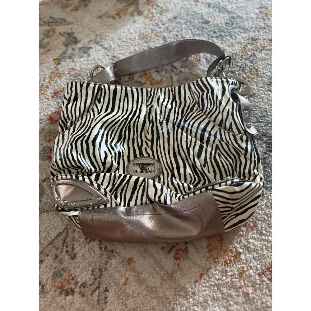 Kathy Van Zeeland Zebra Print Hobo Bag Metallic Pewter Trim Y2K Animal Print